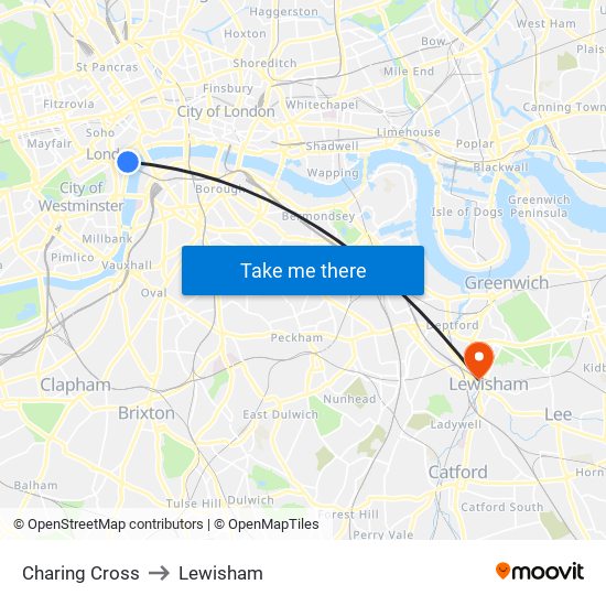 Charing Cross to Lewisham map