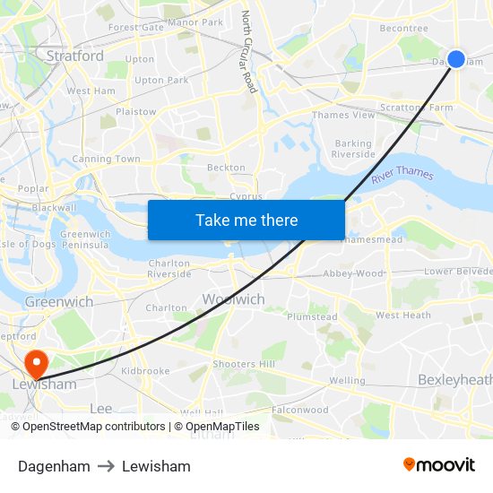 Dagenham to Lewisham map