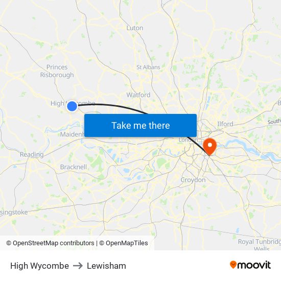 High Wycombe to Lewisham map