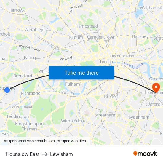 Hounslow East to Lewisham map