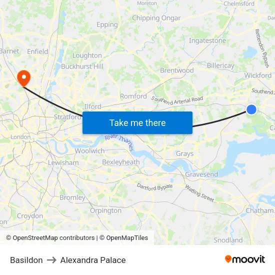 Basildon to Alexandra Palace map