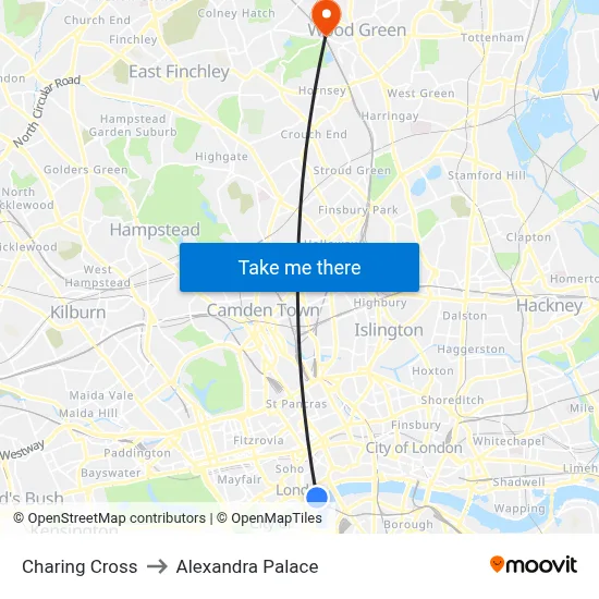 Charing Cross to Alexandra Palace map