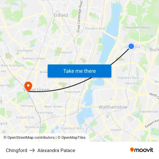 Chingford to Alexandra Palace map