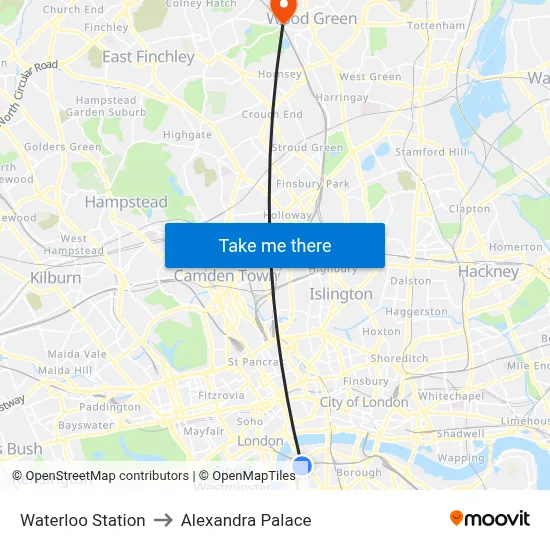 Waterloo Station to Alexandra Palace map