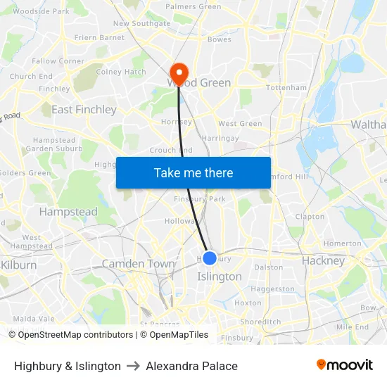 Highbury & Islington to Alexandra Palace map