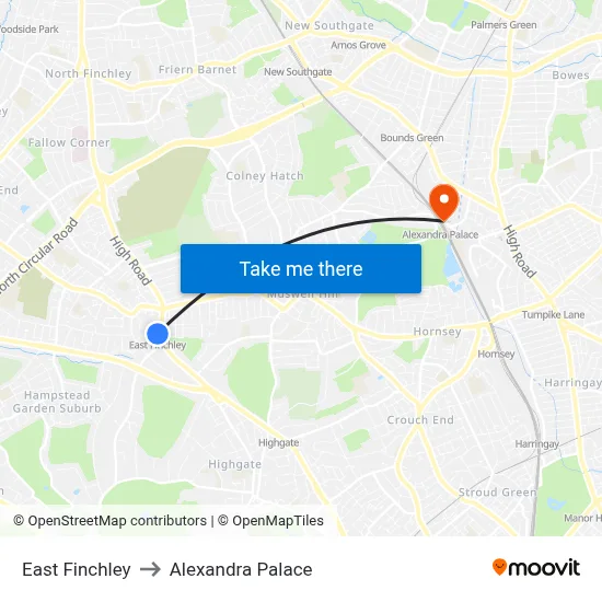 East Finchley to Alexandra Palace map