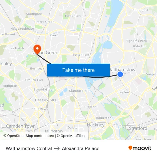 Walthamstow Central to Alexandra Palace map