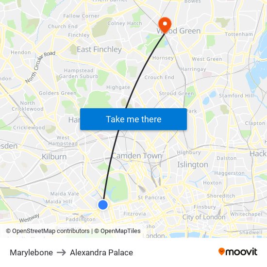 Marylebone to Alexandra Palace map