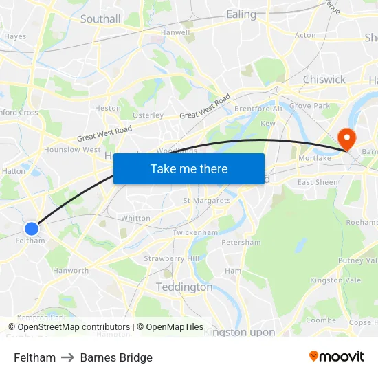 Feltham to Barnes Bridge map