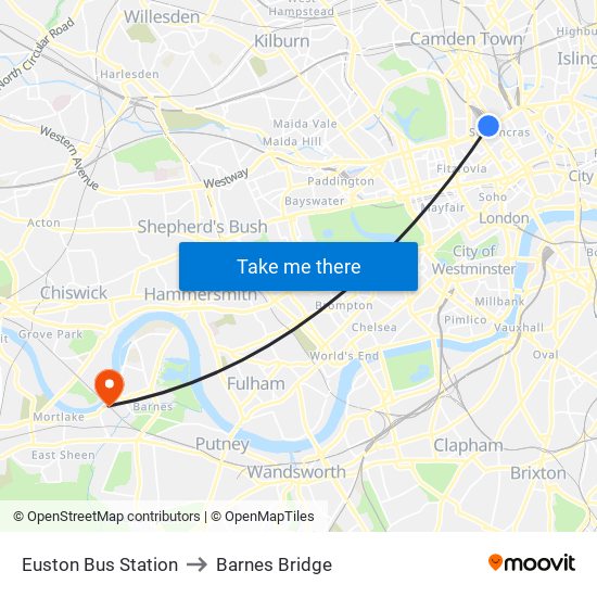 Euston Bus Station to Barnes Bridge map