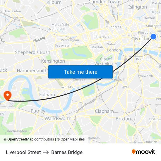 Liverpool Street to Barnes Bridge map