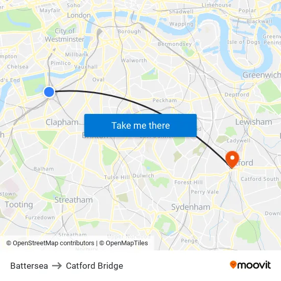 Battersea to Catford Bridge map