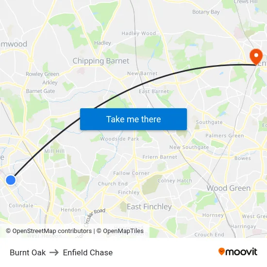 Burnt Oak to Enfield Chase map