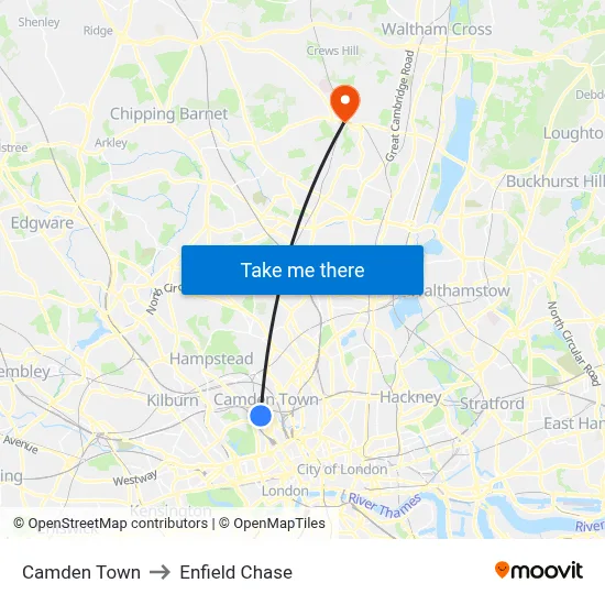 Camden Town to Enfield Chase map