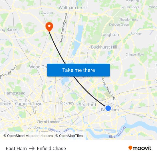 East Ham to Enfield Chase map