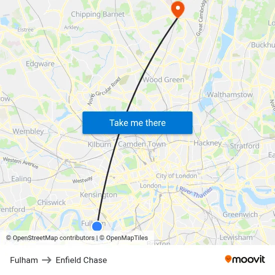 Fulham to Enfield Chase map