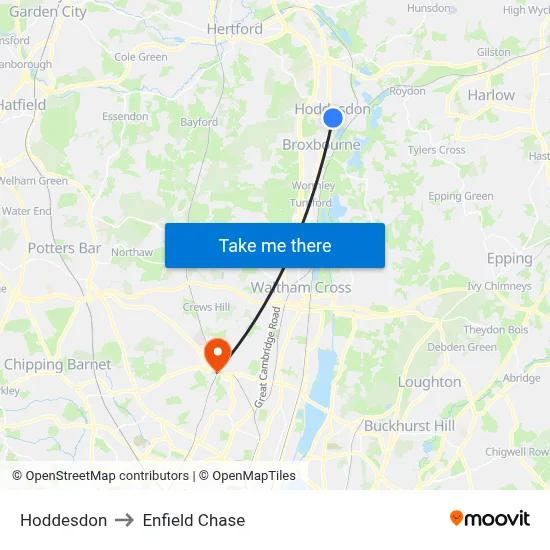 Hoddesdon to Enfield Chase map