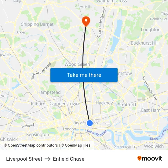 Liverpool Street to Enfield Chase map