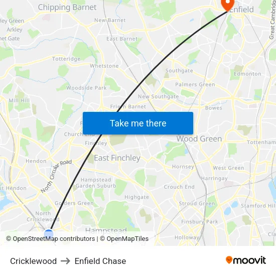 Cricklewood to Enfield Chase map