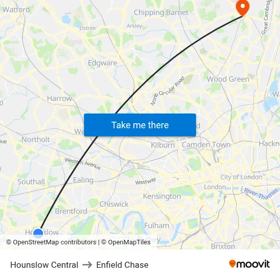 Hounslow Central to Enfield Chase map