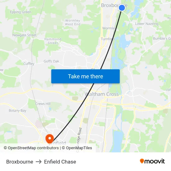 Broxbourne to Enfield Chase map