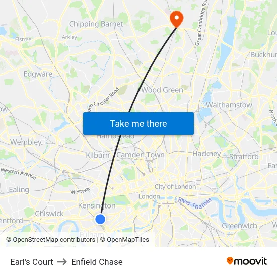 Earl's Court to Enfield Chase map