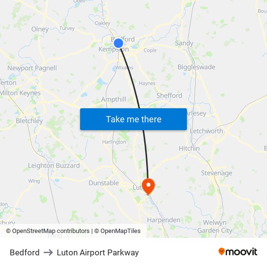 Bedford to Luton Airport Parkway map