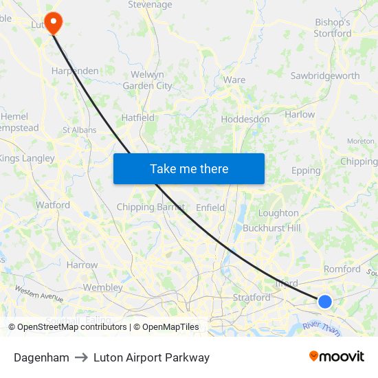 Dagenham to Luton Airport Parkway map