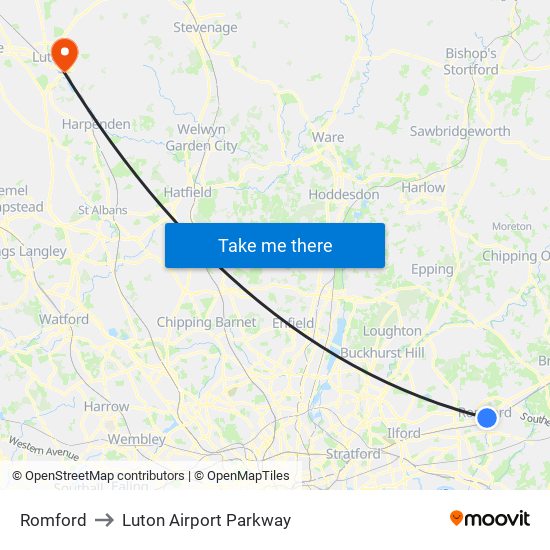 Romford to Luton Airport Parkway map