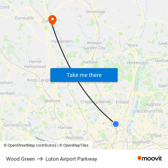 Wood Green to Luton Airport Parkway map