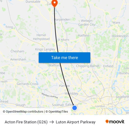 Acton Fire Station (G26) to Luton Airport Parkway map