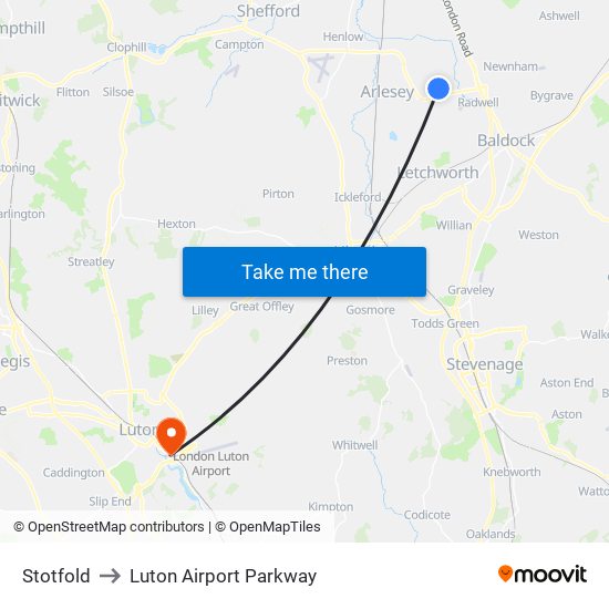 Stotfold to Luton Airport Parkway map