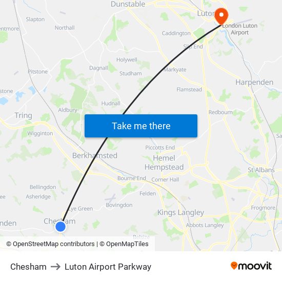 Chesham to Luton Airport Parkway map