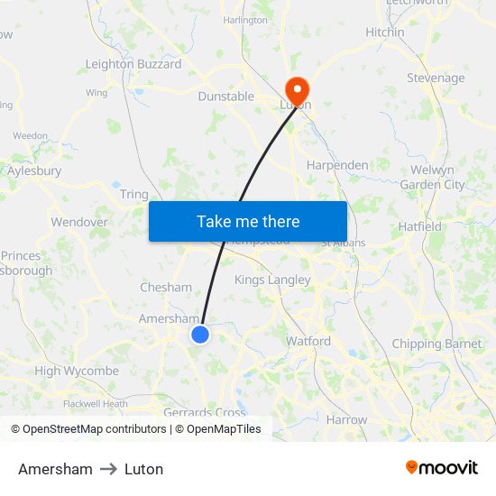 Amersham to Luton map