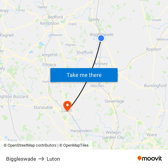 Biggleswade to Luton map