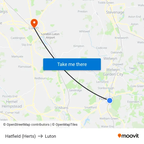 Hatfield (Herts) to Luton map