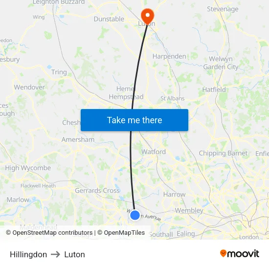 Hillingdon to Luton map