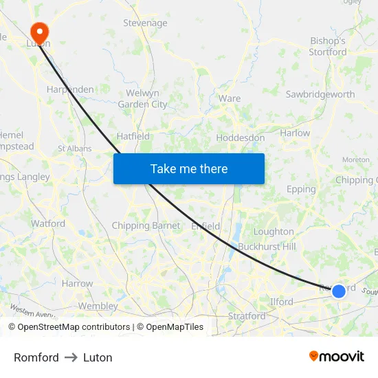 Romford to Luton map