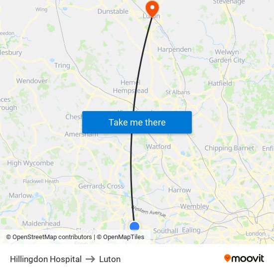 Hillingdon Hospital to Luton map