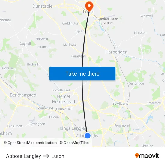 Abbots Langley to Luton map