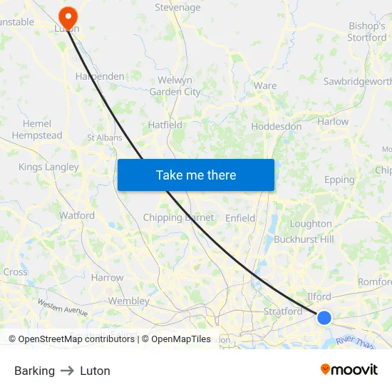 Barking to Luton map