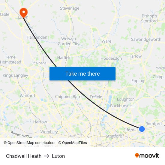 Chadwell Heath to Luton map