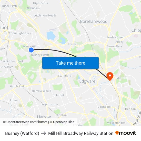 Bushey (Watford) to Mill Hill Broadway Railway Station map