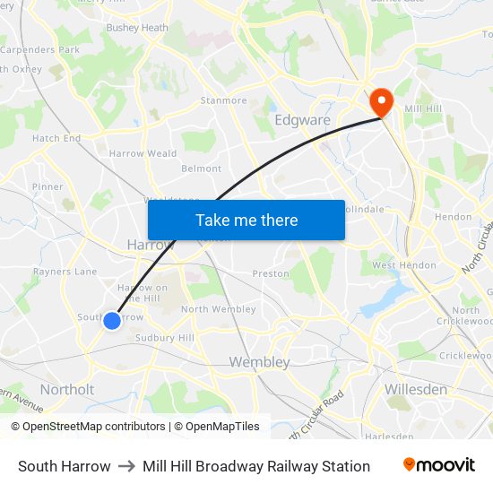 South Harrow to Mill Hill Broadway Railway Station map