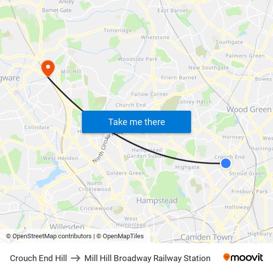 Crouch End Hill to Mill Hill Broadway Railway Station map