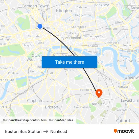 Euston Bus Station to Nunhead map