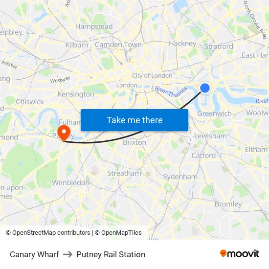Canary Wharf to Putney Rail Station map