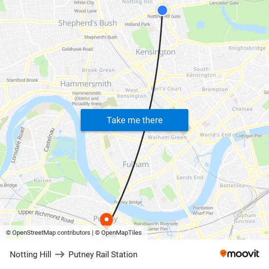 Notting Hill to Putney Rail Station map