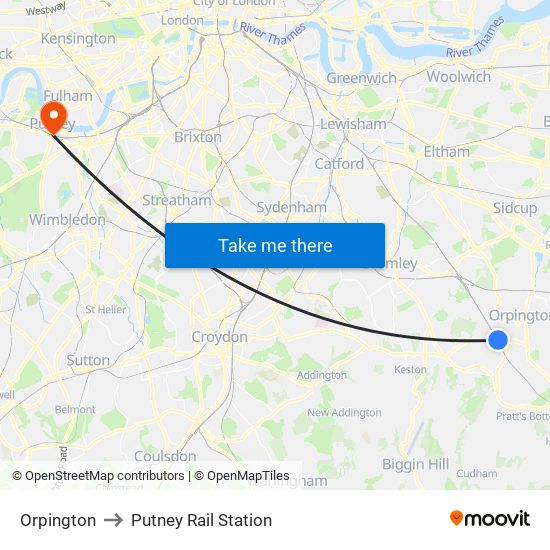 Orpington to Putney Rail Station map