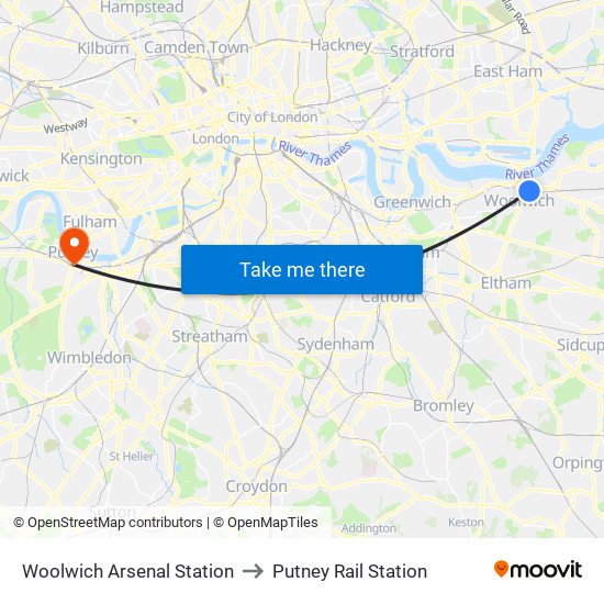 Woolwich Arsenal Station to Putney Rail Station map